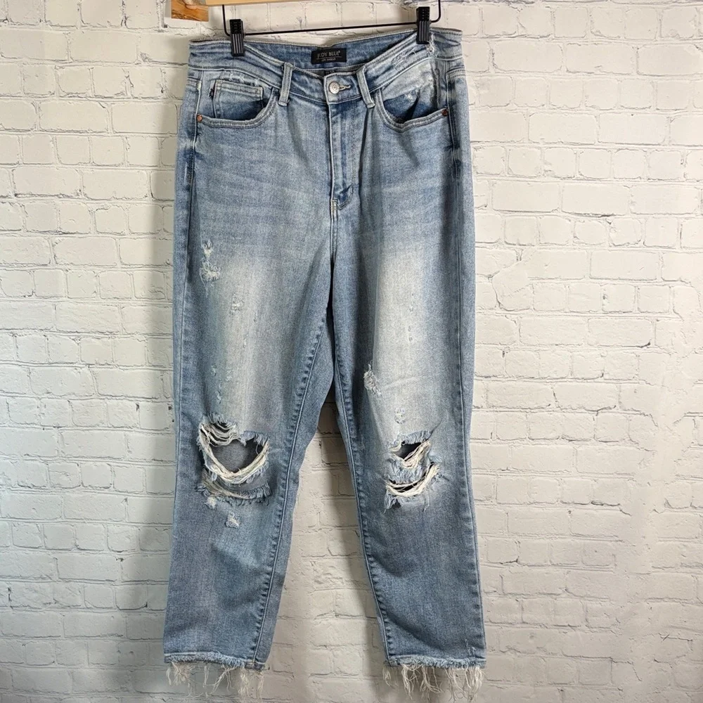 JUDY BLUE High Rise Slim Straight Leg Destroyed Jeans JB82391size 11/30 - Picture 2 of 11